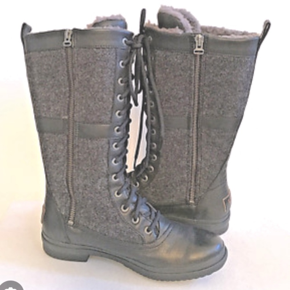 Ugg Elvia Black Leather Grey Lace Full Zipp Mid Calf  Boots Size 7.5’